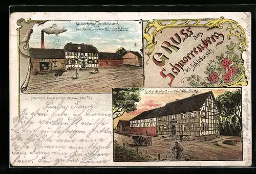 Lithographie Schnorrenberg bei Schlebusch, Gasthaus Dampfsägewerk, Gasthaus Ww. Wilh. Büchl