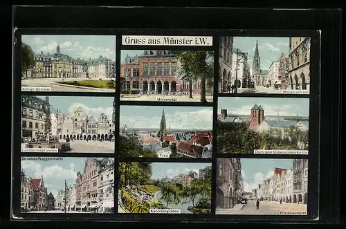 AK Münster i. W., Kgl. Schloss, Universität, Prinzipalmarkt, Dom u. Überwasserkirche, Kanonengraben u. a.