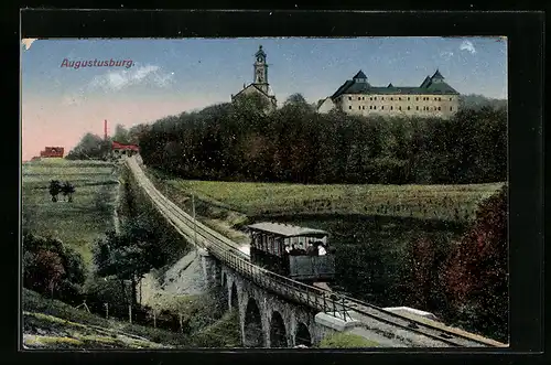 AK Augustusburg i. Erzgeb., Brücke der Drahtseilbahn mit der Endstation