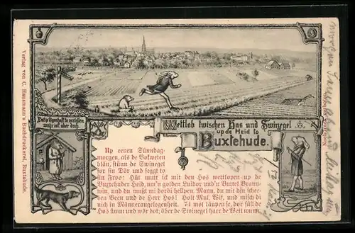 Künstler-AK Buxtehude, Generalansicht der Stadt, Hase und Igel