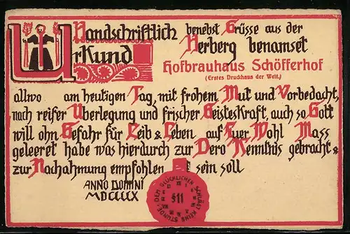 AK Mainz, Gasthaus Schöfferhof, handschriftliche Urkunde