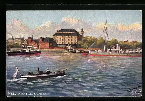 Künstler-AK Kiel, Blick übers Wasser auf das Königl. Schloss