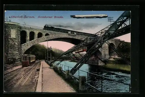 AK Barmen, Schwebebahn Elberfeld-Barmen, Eisenbahn und Strassenbahn an der Sonnborner Brücke mit Luftschiff Zeppelin