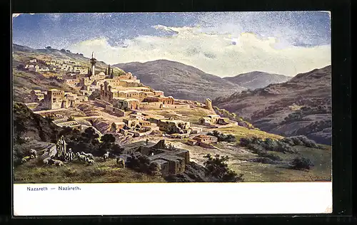 Künstler-AK Friedrich Perlberg: Nazareth, Ortsansicht mit Bergblick