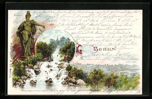 Lithographie Berlin-Kreuzberg, Wasserfall im Victoriapark mit Berolina