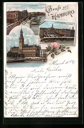 Lithographie Hamburg, Jungfernstieg, Alsterarcaden und Reesendammbrücke, Rathaus