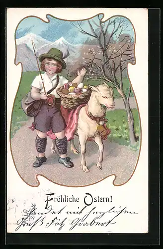 AK Fröhliche Ostern, Wanderer mit Lamm