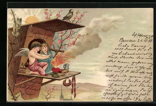 Lithographie Amor entfacht die Flammen der Liebe