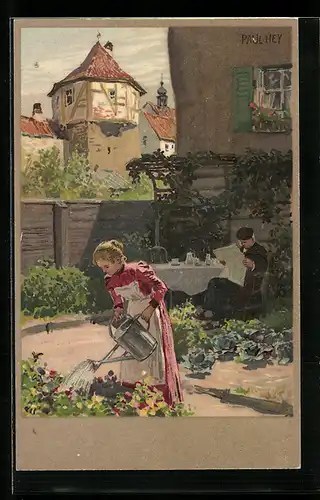 Künstler-Lithographie Paul Hey: Gartenszene an einem Sommertag