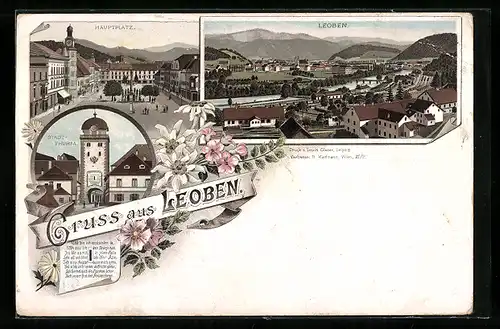 Lithographie Leoben, Hauptplatz, Gesamtansicht, Stadtthurm