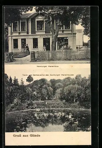 AK Glinde, Hamburger Warenhaus, Teich und Gartenpartie