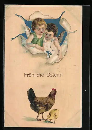 AK Engelchen beobachten Osterküken