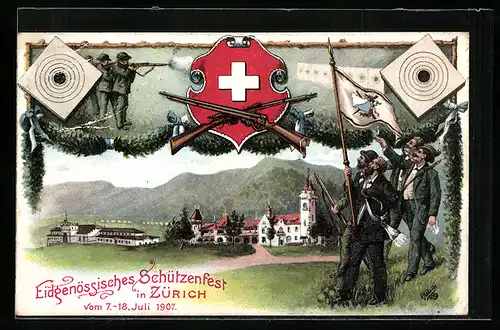 Künstler-AK Zürich, Eidgenössisches Schützenfest, 7.-18. Juli 1907