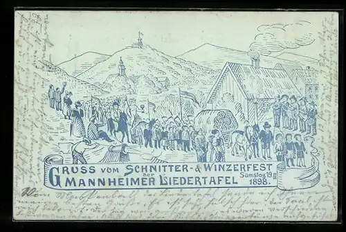 Künstler-AK Mannheim, Schnitter- & Winzerfest der Mannheimer Liedertafel 1898, Strassenumzug