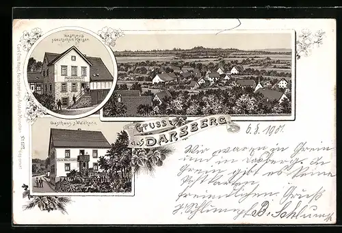 Lithographie Darsberg, Gasthaus zum deutschen Kaiser, Gasthaus zum Waldhorn, Panorama