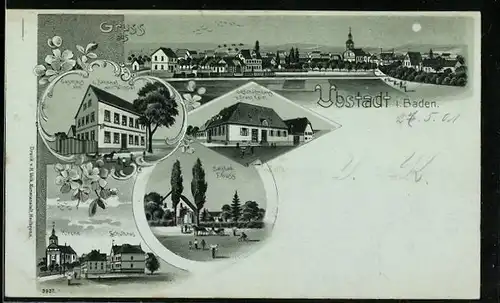 Mondschein-Lithographie Ubstadt i. Baden, Gasthaus z. Bahnhof von Ant. Wippel, Geschäftshaus von Franz Keim und Kirche