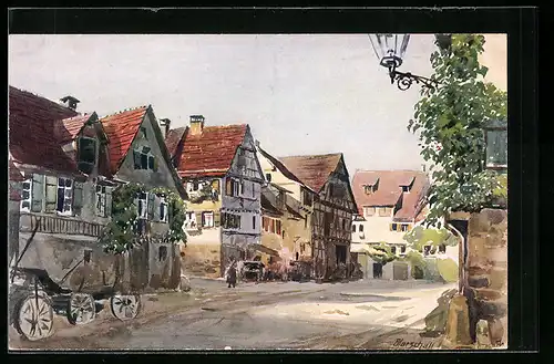 Künstler-AK J. Marschall: Tübingen, Jakobsgasse, Strassenansicht mit Kutsche