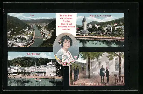 AK Bad Ems, Kgl. Kurhaus, Villen u. Wasserturm, König Wilhelm u. Graf Benedetti, Totale