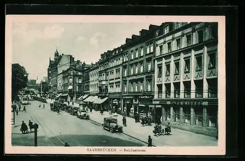 AK Saarbrücken, Reichsstrasse mit Strassenbahn