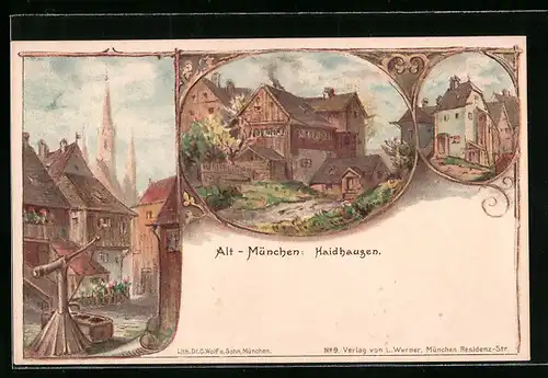 Lithographie Alt-München, Häuserpartie in Haidhausen