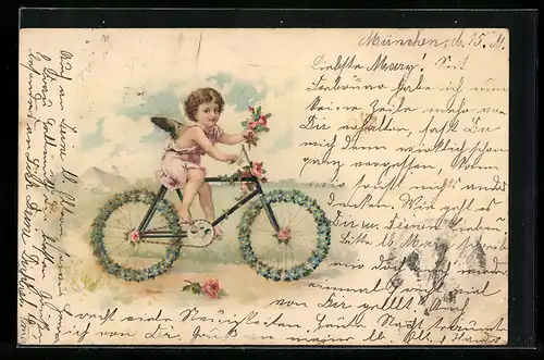 AK Engel auf dem Blumen verzierten Fahrrad
