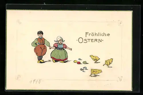 AK Paar mit Osterküken und Ostereiern