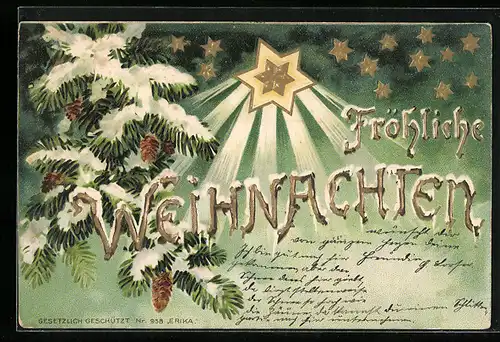 Lithographie Verschneite Tannenzweige mit Weihnachtsstern