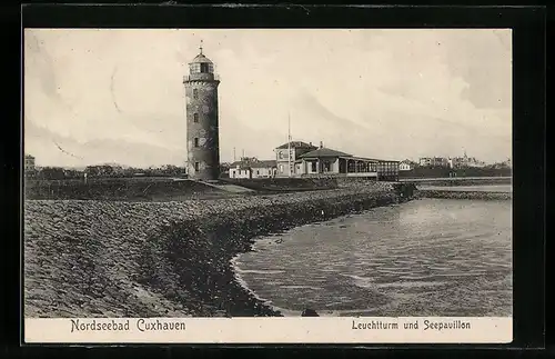 AK Nordseebad Cuxhaven, Leuchtturm und Seepavillon