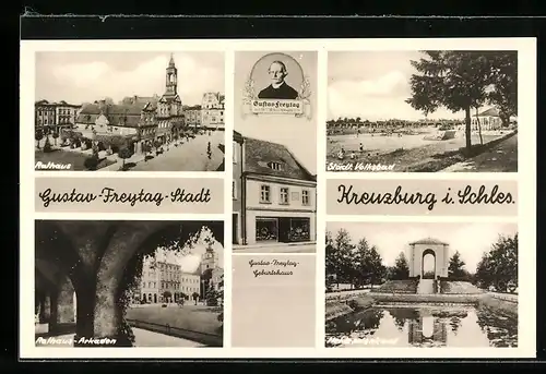 AK Kreuzburg, Rathaus, Rathaus-Arkaden und Heldendenkmal