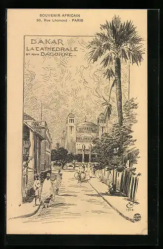 Künstler-AK Dakar, La Cathedrale et Rue Dagorne