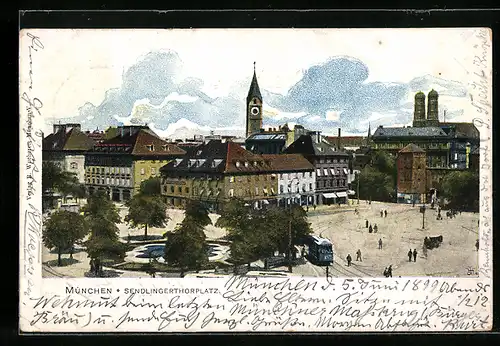 Künstler-AK München, Sendlingerthorplatz aus der Vogelschau