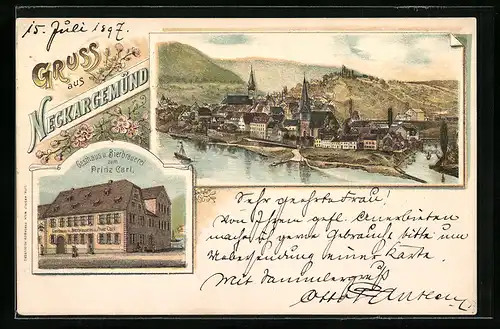 Lithographie Neckargemünd, Gasthaus und Bierbrauerei zum Prinz Carl, Ortsansicht