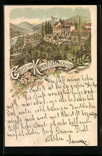 Lithographie Neckargemünd, Gasthaus Kümmelbacherhof mit Blick ins Neckartal