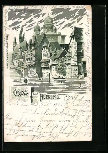 Lithographie Nürnberg, An der Pegnitz, Synagoge