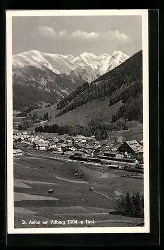 AK St. Anton, Ortsansicht mit Eisenbahn