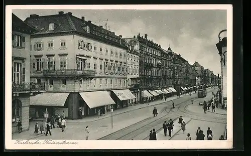 AK Karlsruhe, Strassenbahn in der Kaiserstrasse