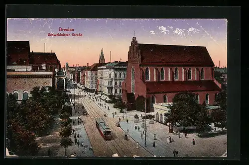 AK Breslau, Strassenbahn in der Schweidnitzer Strasse