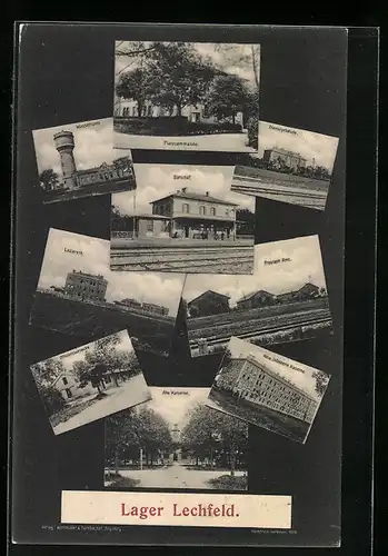 AK Lechfeld, Bahnhof mit Passagieren, Lazareth, Wasserturm