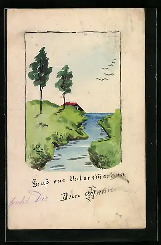 Künstler-AK Handgemalt: Ortsansicht mit Fluss