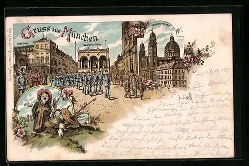 Lithographie München, Residenz, Feldherren-Halle und Theatinerkirche