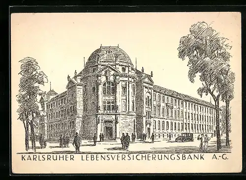 AK Karlsruhe, Lebensversicherungsbank AG mit Passanten