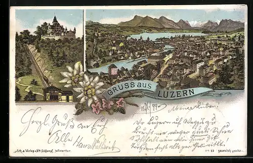 Lithographie Luzern, Schloss mit Bahn, Gesamtansicht