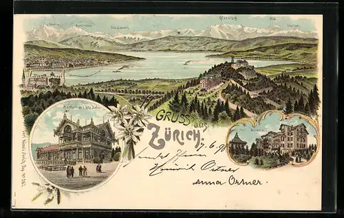 Lithographie Uetliberg bei Zürich, Hotel Uetliberg, Restaurant Uto Kulm, Panorama mit Glärnisch, Tödi und Säntis