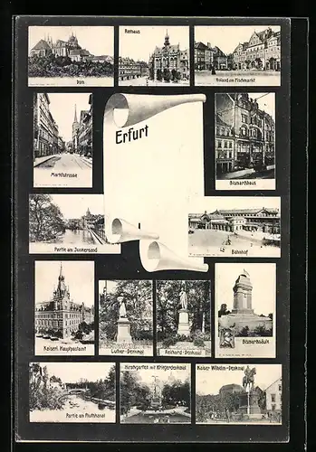 AK Erfurt, Marktstrasse, Roland am Fischmarkt, Luther-Denkmal