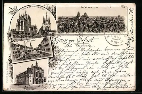 Lithographie Erfurt, Rathaus, Dom & St. Serverikirche