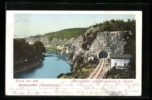 AK Frankenberg im Zschopautal, Harrasfelsen mit Körnerkreuz und Tunnel