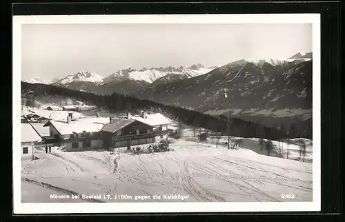 AK Mösern bei Seefeld i. T., Ortsansicht mit Kalkkögeln im Winter