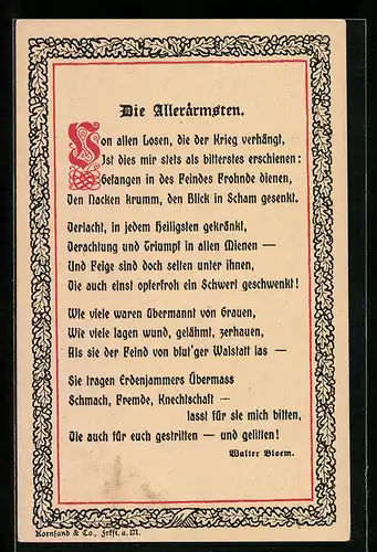 AK Die Allerärmsten, Gedicht von Walter Bloem, Kriegsgefangene