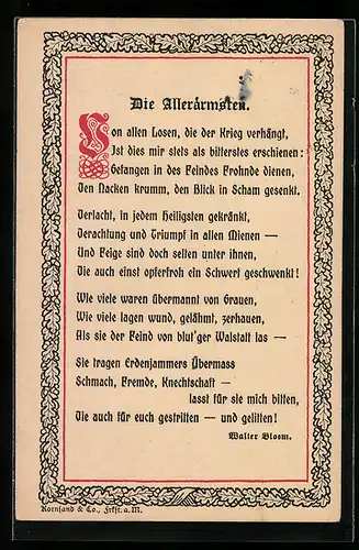 AK Die Allerärmsten, Gedicht von Walter Bloem, Kriegsgefangene