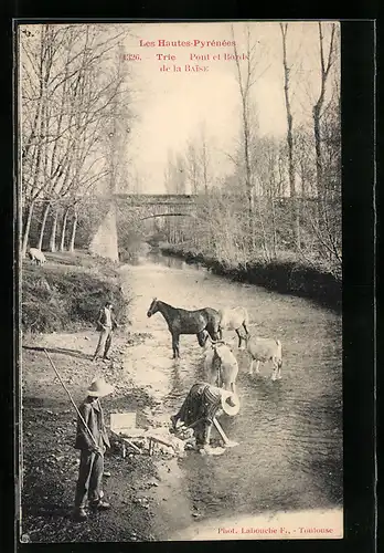 AK Trie-sur-Baise, le Pont, Rinder und Pferde im Fluss